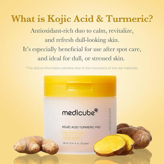 medicube Kojic Acid Turmeric Clarifying Toner Pad for Troubled Skin & Use After Spot Care