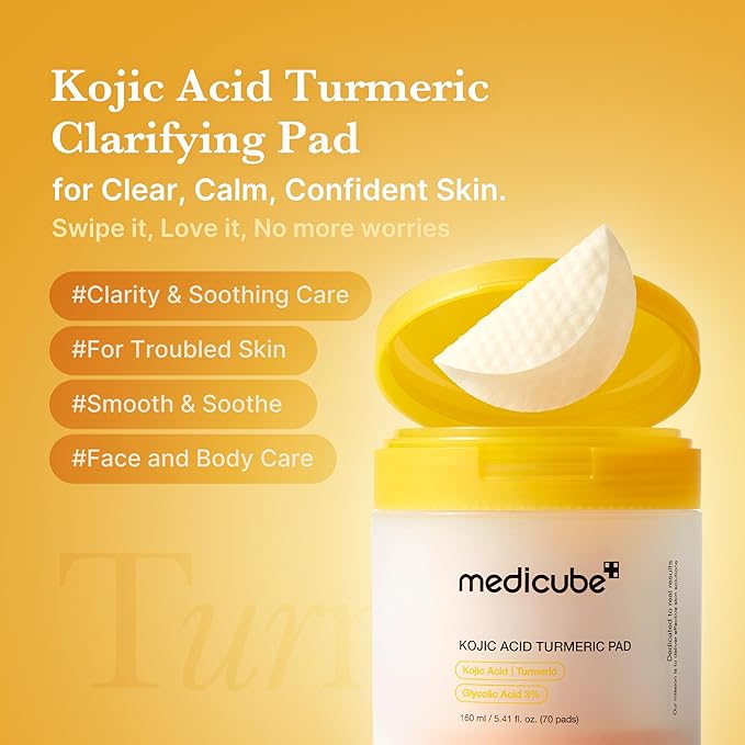 medicube Kojic Acid Turmeric Clarifying Toner Pad for Troubled Skin & Use After Spot Care